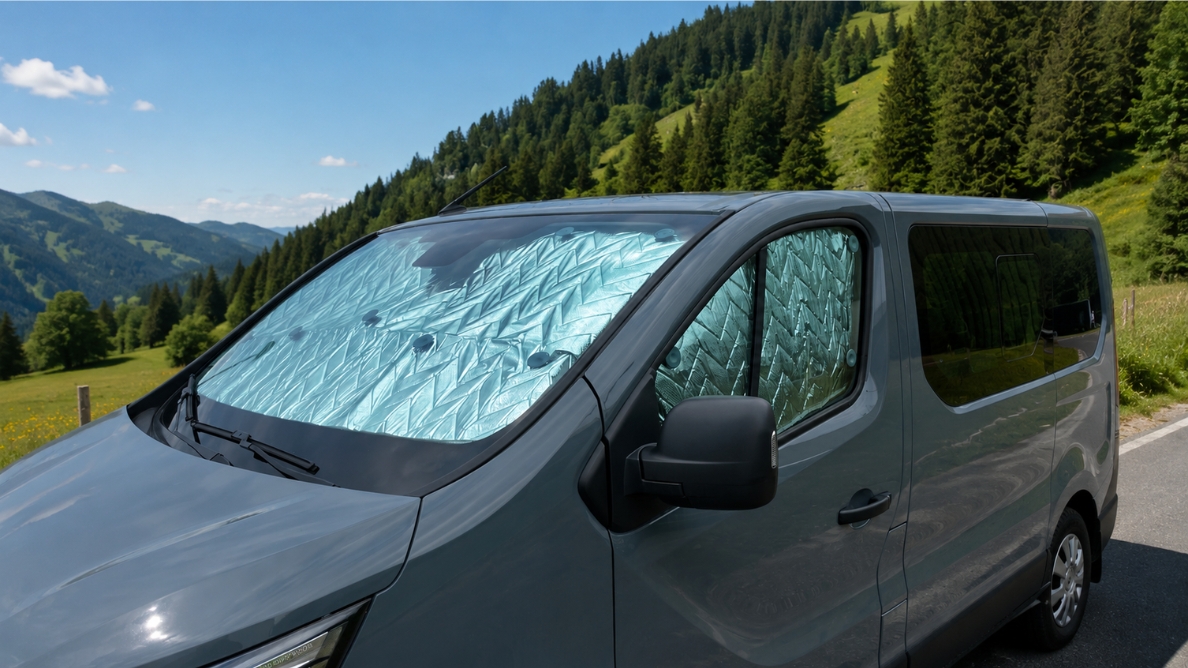 Rideaux isolant installé dans un van en plein soleil